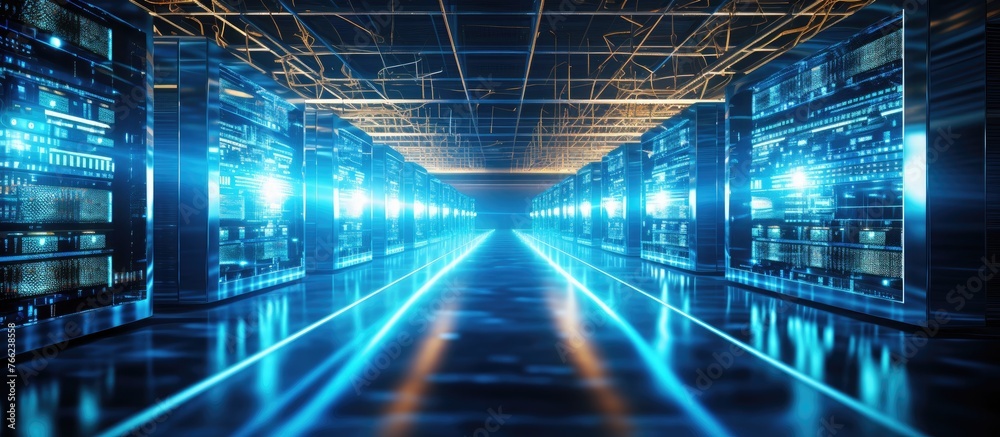 Poster a symmetrical line of servers in a data center illuminated by electric blue lights from the ceiling,