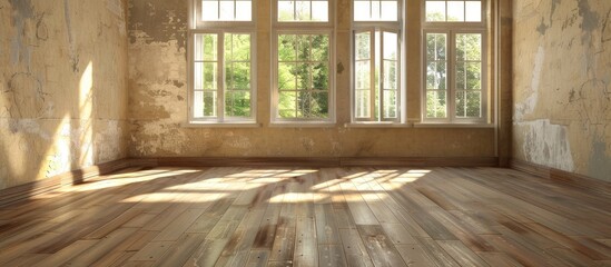 An empty room with hardwood flooring, plenty of windows, and a view of lush green grass outside. The wooden fixtures and tree art add a touch of warmth to the space