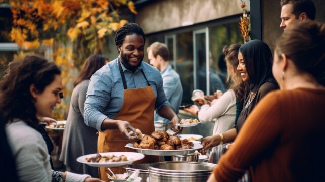 A group of diverse volunteers prepares free meals and feeds the local community. Small business charity, Donation, Distribution of free Food to the homeless and poor in cafes.