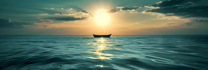 a large body of water with a bright sun in the middle of the sky above the water and a boat in the middle of the water. - Powered by Adobe