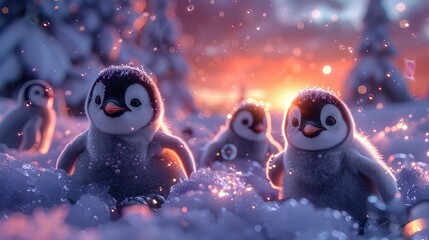 Fluffy Penguin Chicks in Dreamy Snow Globe - obrazy, fototapety, plakaty