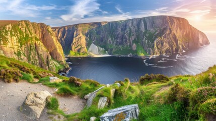 Slieve League, Irelands highest sea cliffs, located in south west Donegal along this magnificent costal driving route. Wild Atlantic Way route, Co Donegal, Ireland.