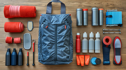 Open gym bag with neatly arranged workout essentials - obrazy, fototapety, plakaty