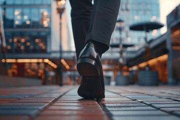 Legs of a businessman in black patent shoes walking into the distance in the city, view of the legs, selective focus
 - obrazy, fototapety, plakaty