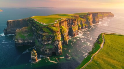 World famous Cliffs of Moher, one of the most popular tourist destinations in Ireland. Aerial view of known tourist attraction on Wild Atlantic Way in County Clare. - obrazy, fototapety, plakaty