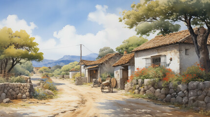 Fototapeta na wymiar Watercolor painting of a peaceful rural village atmosphere.