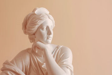 Marble statue of Aphrodite in a thinking pose on an empty beige background with space for text or inscriptions
