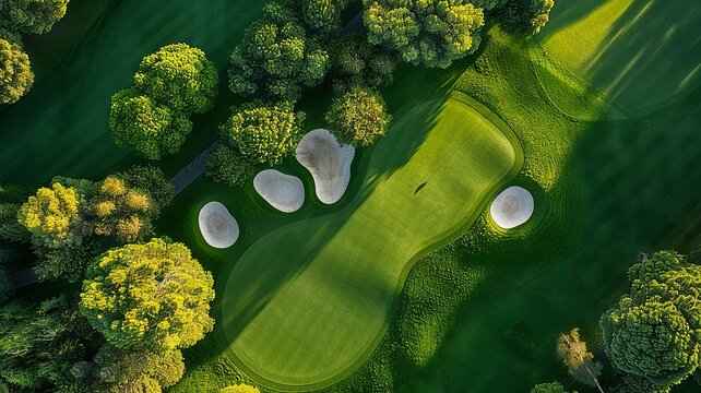 Birds-eye view of a vibrant golf course with contrasting sand traps