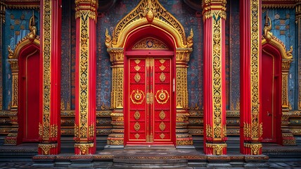 Fototapeta premium Golden details pop against the crimson doors framing a traditional temple