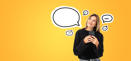 Woman with phone and speech bubbles