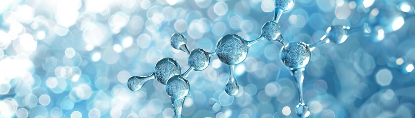 Close-up 3D render of water molecules in high detail, showcasing a scientific molecular structure