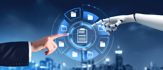 Man and robot finger touch document management system hologram, city skyline