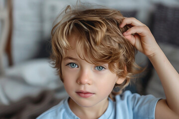 Hairstyle for children. The cute boy knows how to comb his hair. - obrazy, fototapety, plakaty