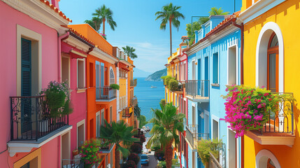 Colorful houses in island city,  Colorful Buildings and Palm Trees, Colorful houses in St....