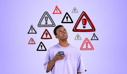 Pensive black man with phone in hand, red warning signs doddle sketch