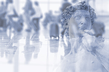 Abstract image of people walking in the airport with Michelangelo's statue of David in Florence as...