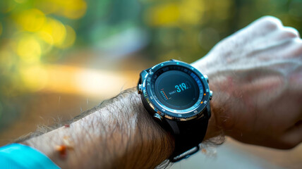 Smartwatch displaying health stats on wrist in natural outdoor light