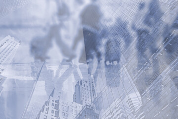 Abstract image of people walking in the airport with skyscrapers as double exposure background. 