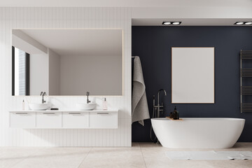 Fototapeta na wymiar Modern home bathroom interior with bathtub and double sink. Mockup frame