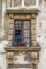 Fototapeta na wymiar Old medieval barred window with flower pots and plants on the windowsill. Vertical.