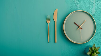 Concept of intermittent fasting, showing an empty plate and a clock. The practice of eating within specific time frames to promote better health and weight management. - obrazy, fototapety, plakaty
