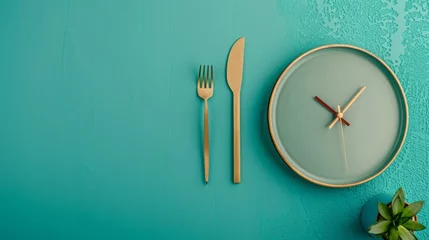 Fotobehang Concept of intermittent fasting, showing an empty plate and a clock. The practice of eating within specific time frames to promote better health and weight management. © JovialFox
