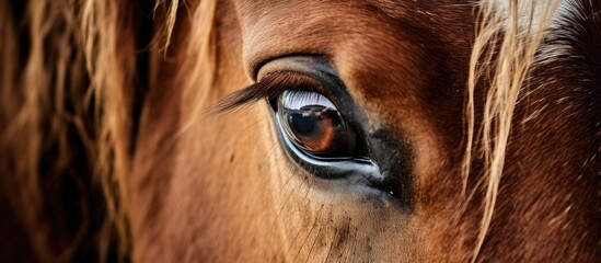 A closeup of a sorrel horses eye with long eyelashes and wrinkles around its fawncolored snout, a beautiful feature of this terrestrial working animal