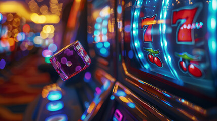 Slot machine reels and dice tumbling with a soft focus - obrazy, fototapety, plakaty