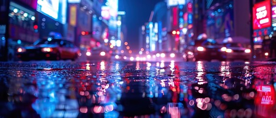 Fototapeta premium Close-up on the vibrant energy of a city at night, with neon lights reflecting on wet streets