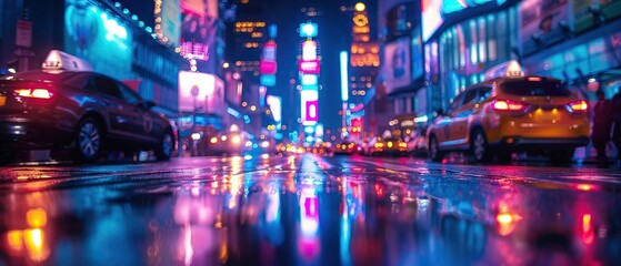 Close-up on the vibrant energy of a city at night, with neon lights reflecting on wet streets