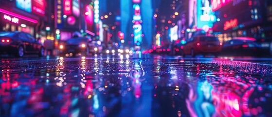Close-up on the vibrant energy of a city at night, with neon lights reflecting on wet streets - obrazy, fototapety, plakaty