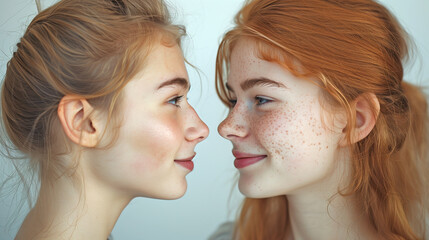 Side view portrait of two young girls looking into each other's eyes.