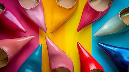 Bright colors highlight a playful arrangement of high heels