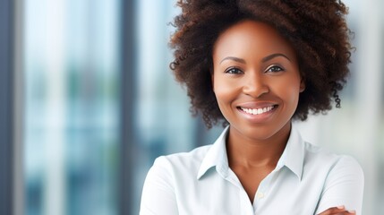 Happy smiling young African Business lady close up, banner, copy space, white background