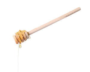 Fresh honey dripping from dipper on white background