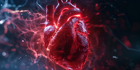 cells flowing into the water 3d render background with hearts With the help of virtual interfaces and advanced technology cardiologists can perform detailed examinations of the heart and blood vessels - obrazy, fototapety, plakaty