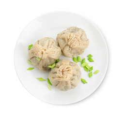 Plate with three tasty khinkali (dumplings) and onion isolated on white, top view. Georgian cuisine