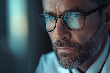 Close portrait of a middle-aged man with light stubble and glasses in front of a computer
