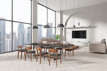 Fototapeta premium Stylish home living room interior with dinner table, tv and sofa near window