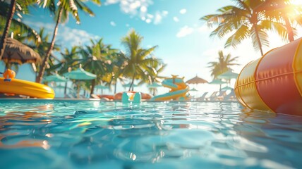 Sunny poolside with a sandy slide and inflatable toys under palm trees - obrazy, fototapety, plakaty