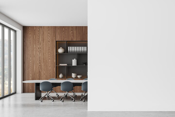 Wooden office room interior with table and chairs, shelf and window. Mockup wall