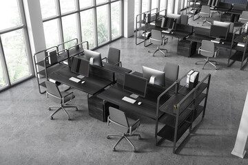 Top view of office workspace interior with pc computers and armchairs in row