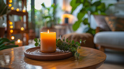 A candle sits on a wooden tray on a table, surrounded by plants and tableware. Generative AI