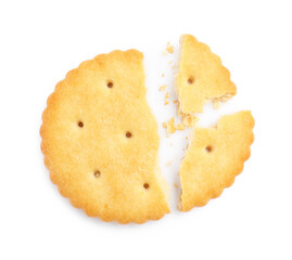 Crispy broken cracker isolated on white, top view