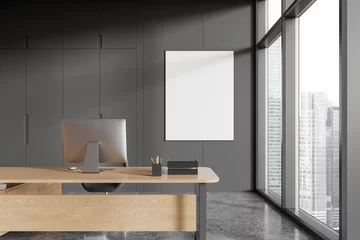 Fototapeten Modern ceo interior desk with pc table and shelf with window. Mockup frame © ImageFlow