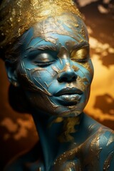 Close Up of Statue With Blue Painted Face