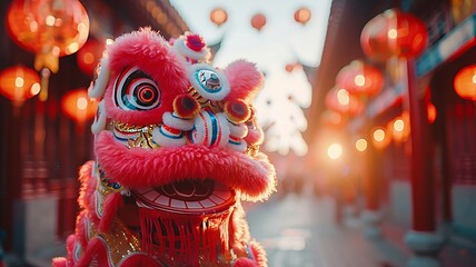 Traditional lion dance under a red lantern in a clear sky