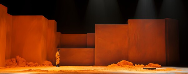 Dark orange background, minimalist stage design style