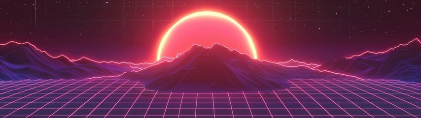 Super Ultrawide Landcape Background In Style Of 90s Vaporwave Retro Pink Sci-Fi Grid
