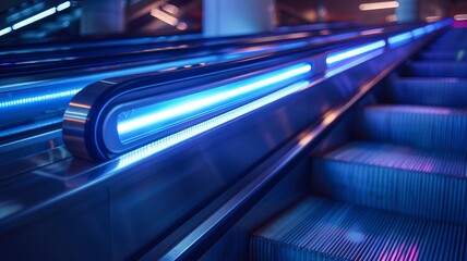 Handrail sterilization unit with UV light installed on an escalator - obrazy, fototapety, plakaty